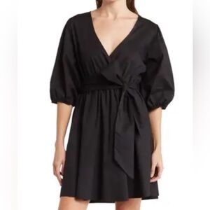 Velvet Torch dress puff sleeve black faux wrap tie belt XL BRAND NEW WITH TAGS